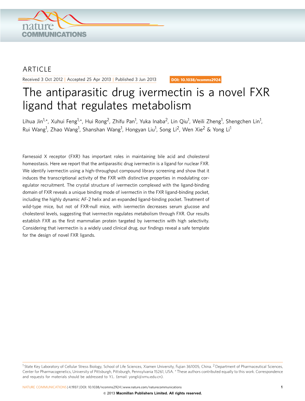 The Antiparasitic Drug Ivermectin Is a Novel FXR Ligand That Regulates Metabolism