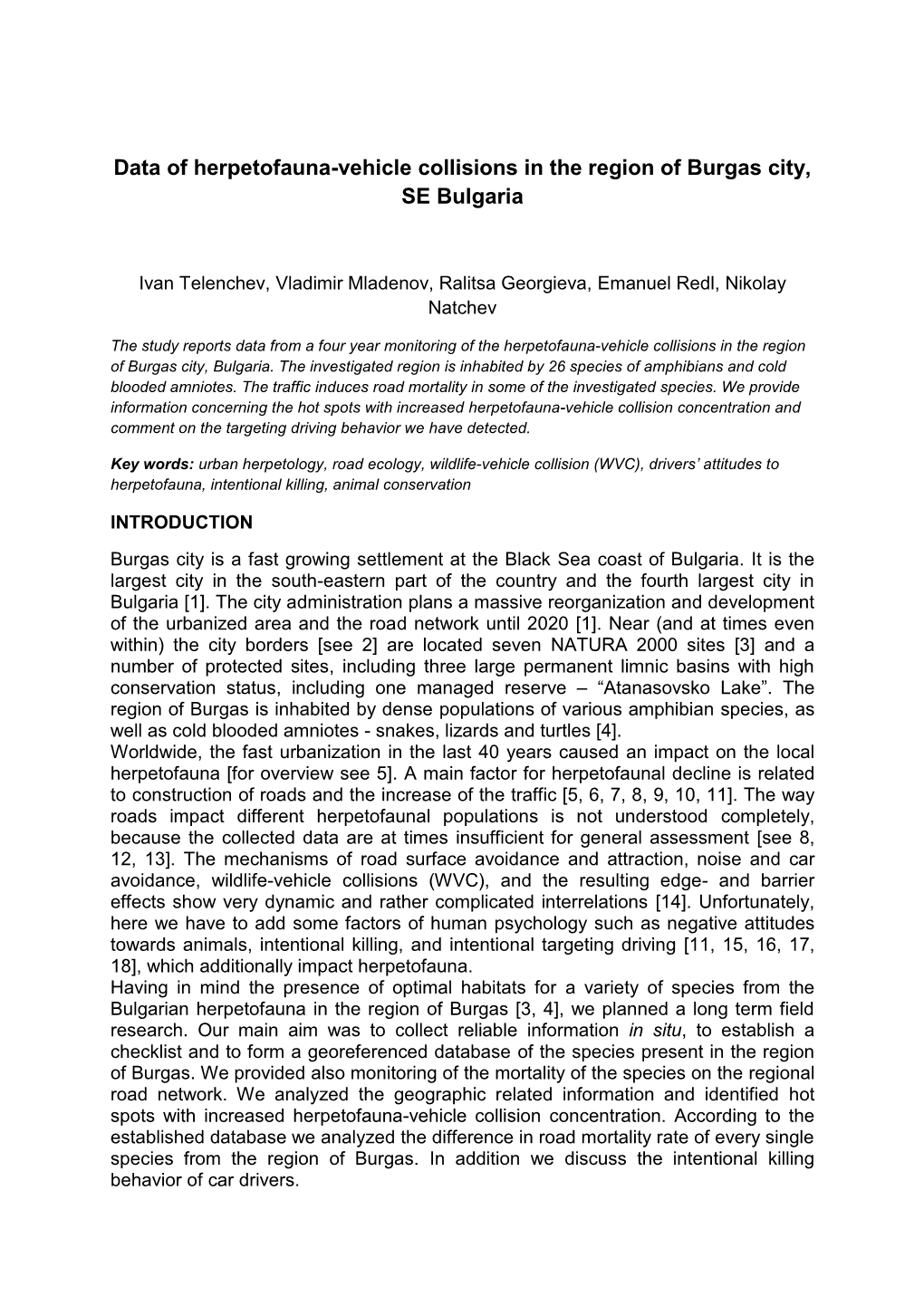 Data of Herpetofauna-Vehicle Collisions in the Region of Burgas City, SE Bulgaria