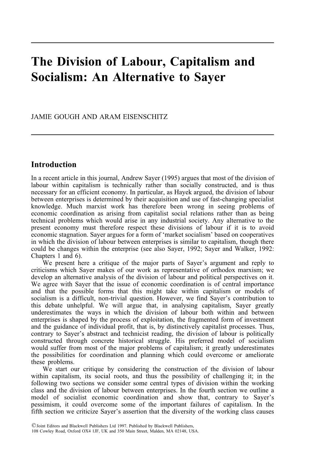 The Division of Labour, Capitalism and Socialism: an Alternative to Sayer