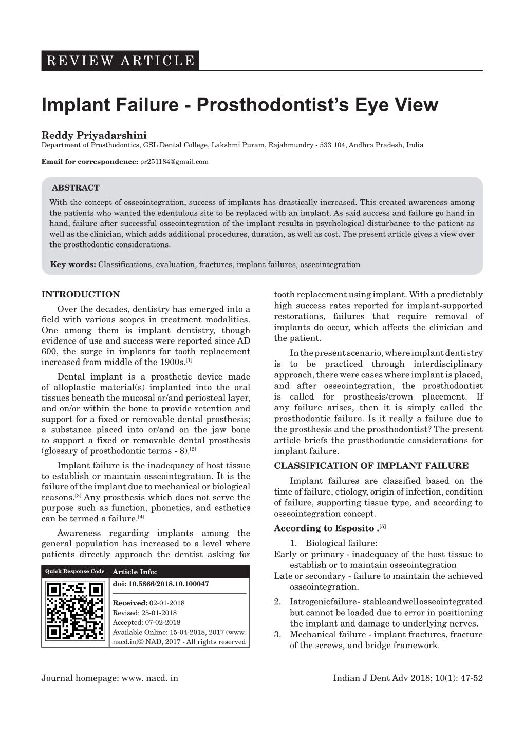 Implant Failure - Prosthodontist’S Eye View