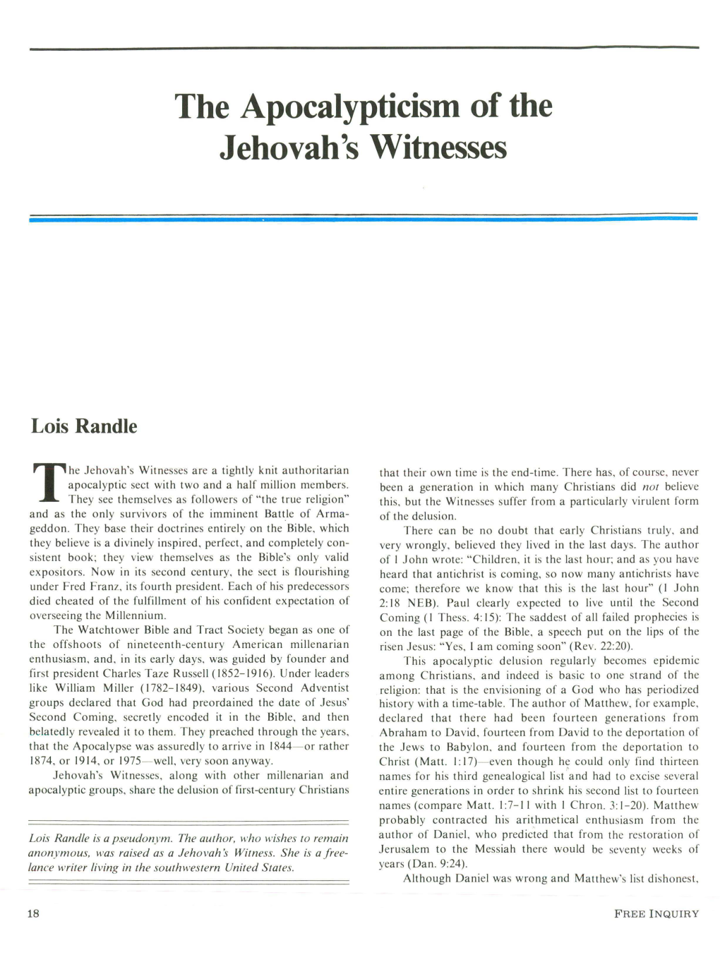 The Apocalypticism of the Jehovah's Witnesses