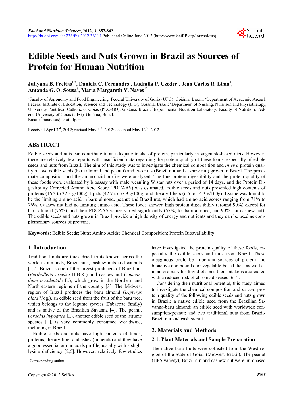 Edible Seeds and Nuts Grown in Brazil As Sources of Protein for Human Nutrition