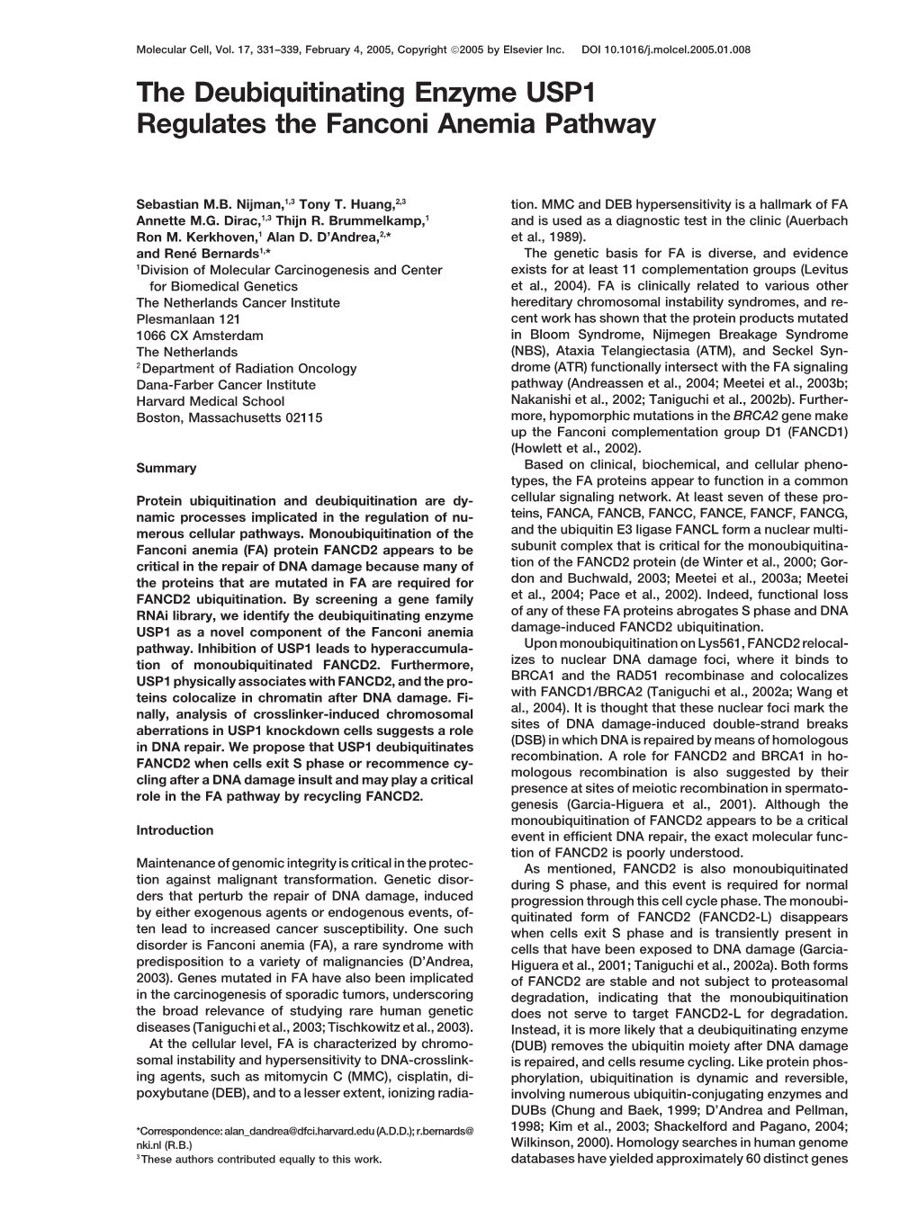 The Deubiquitinating Enzyme USP1 Regulates the Fanconi Anemia Pathway