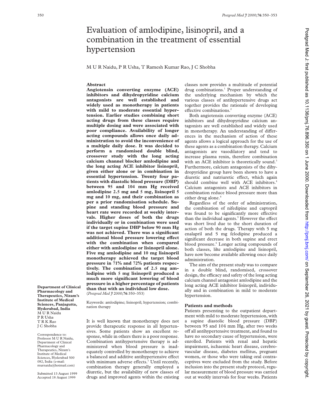 Evaluation of Amlodipine, Lisinopril, and a Combination in the Treatment