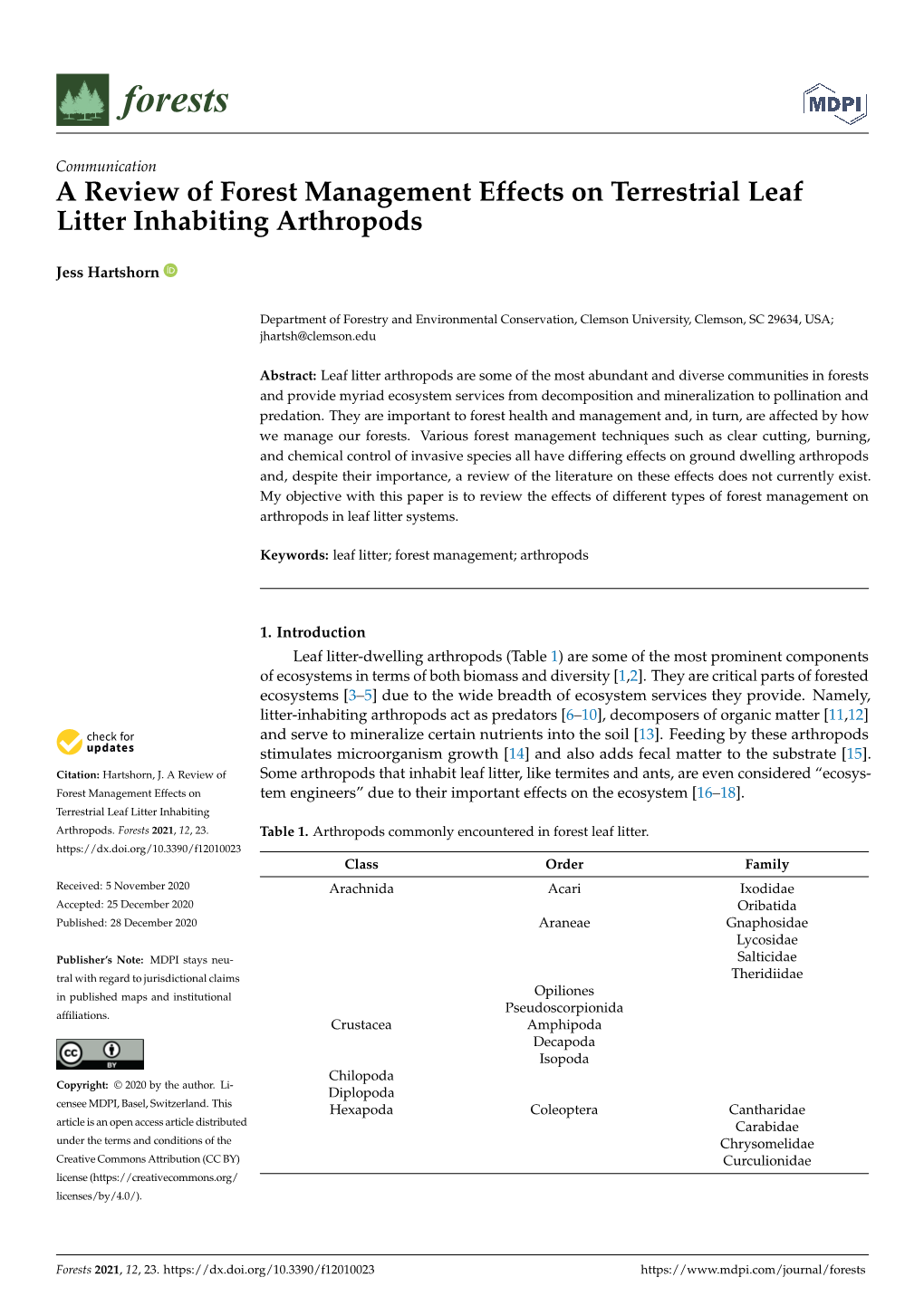 A Review of Forest Management Effects on Terrestrial Leaf Litter Inhabiting Arthropods