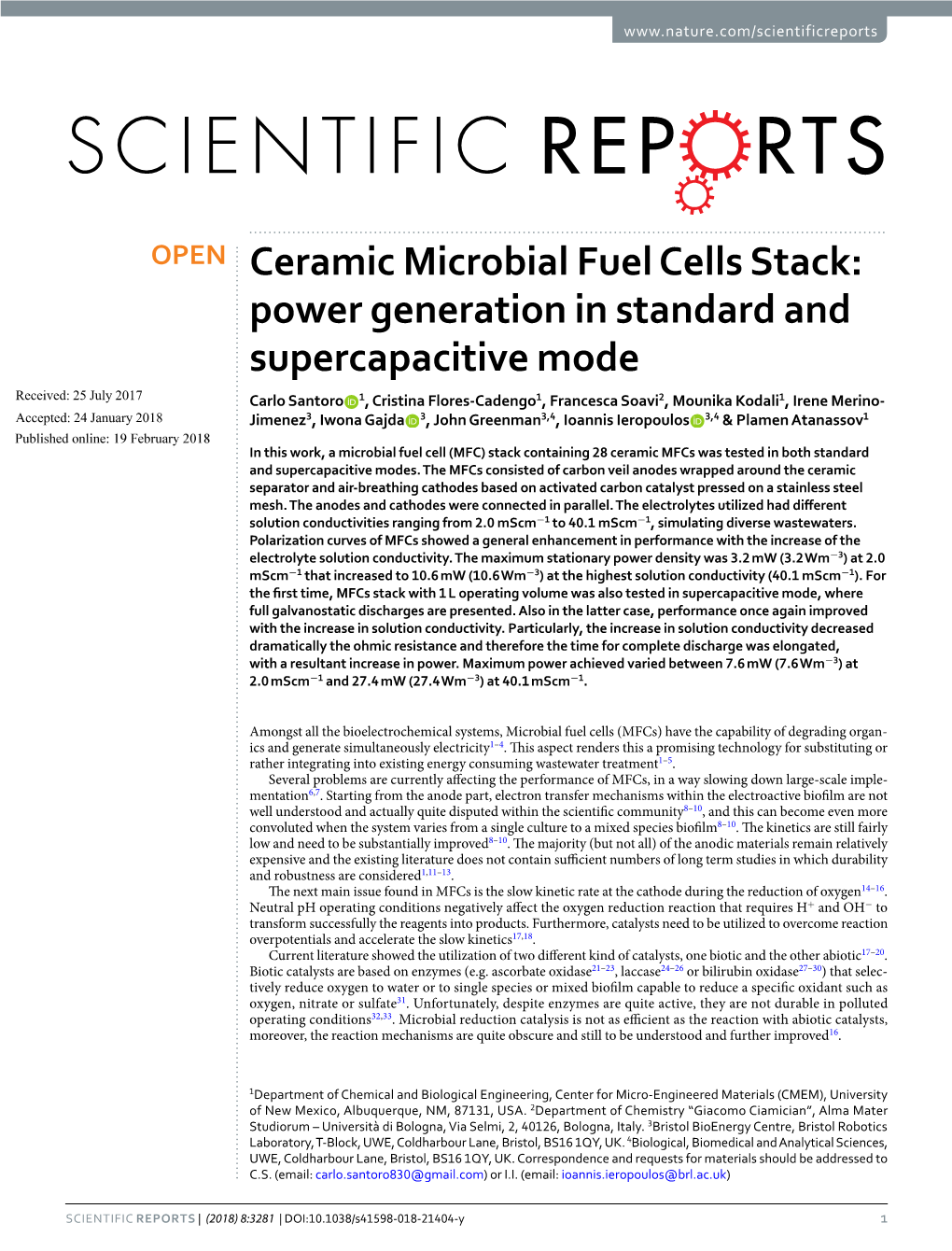 Ceramic Microbial Fuel Cells Stack