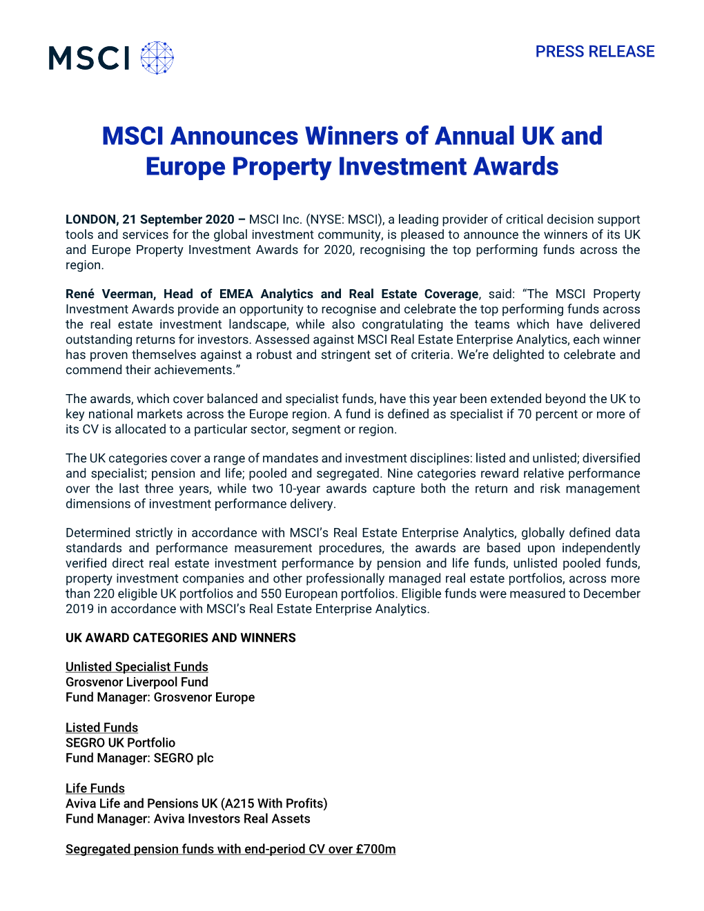 MSCI Announces Winners of Annual UK and Europe Property Investment Awards