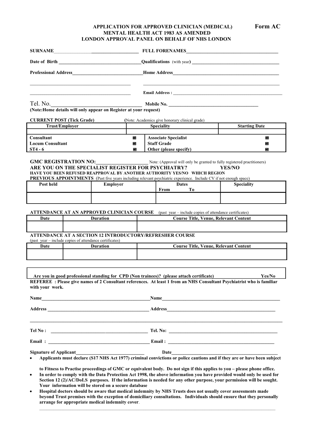 APPLICATION for APPROVED CLINICIAN (MEDICAL) Form AC