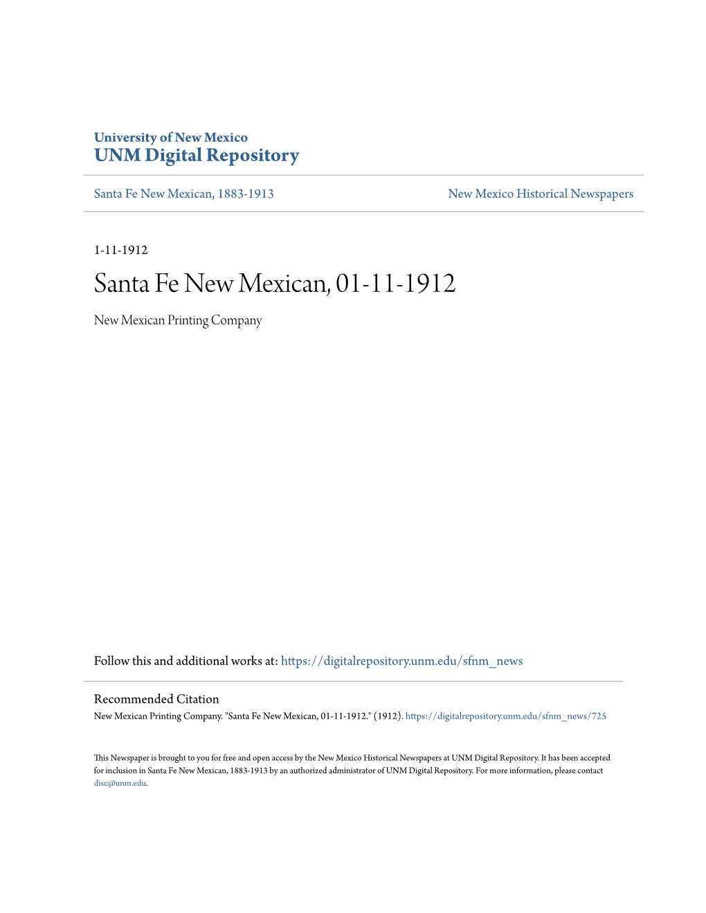 Santa Fe New Mexican, 01-11-1912 New Mexican Printing Company