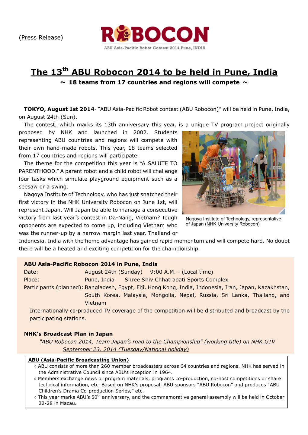The 13Th ABU Robocon 2014 to Be Held in Pune, India 〜 18 Teams from 17 Countries and Regions Will Compete ～