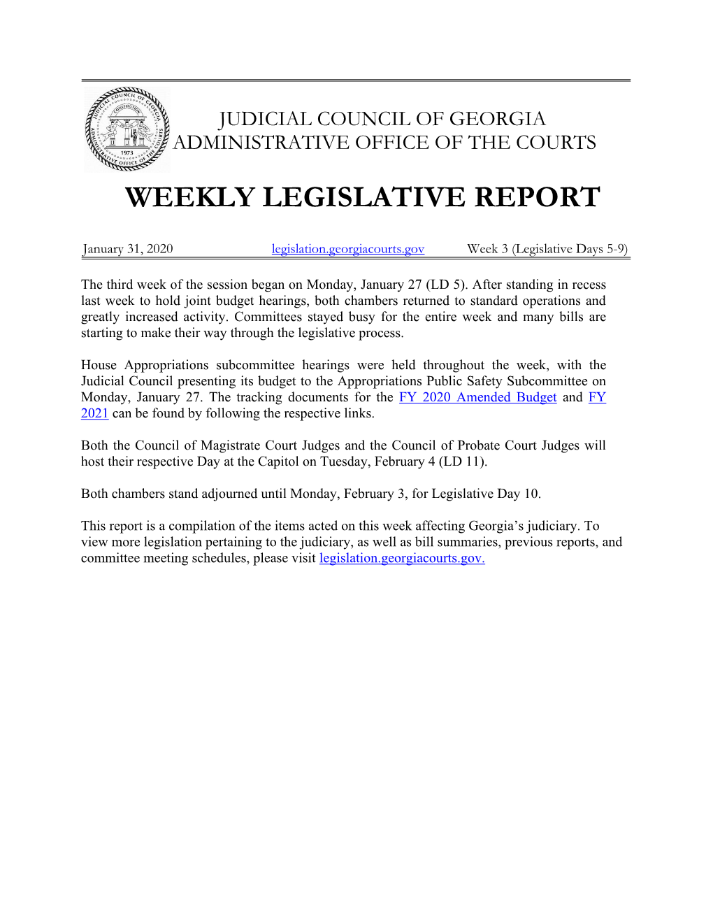 Weekly Legislative Report