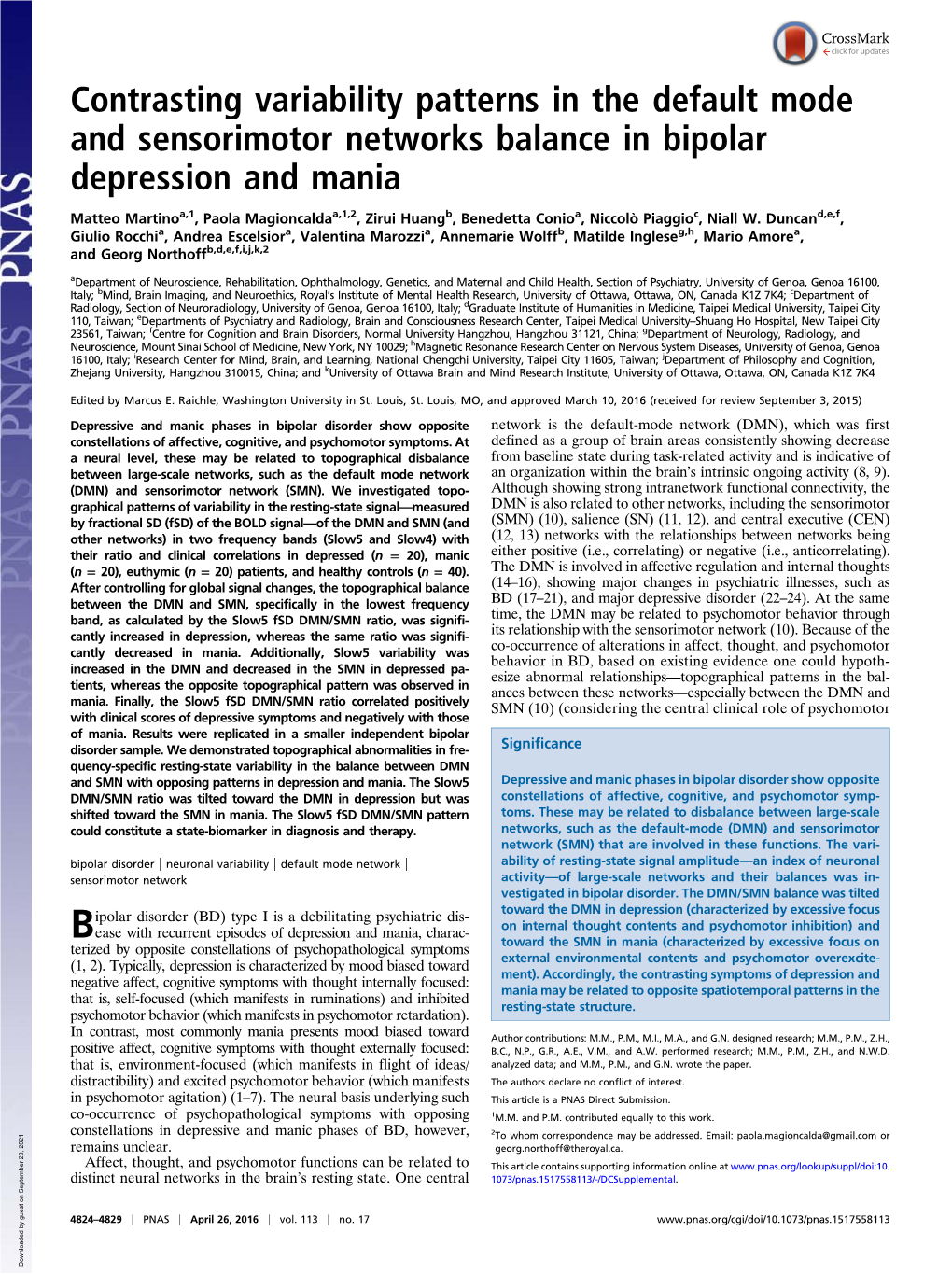 Contrasting Variability Patterns in the Default Mode and Sensorimotor Networks Balance in Bipolar Depression and Mania