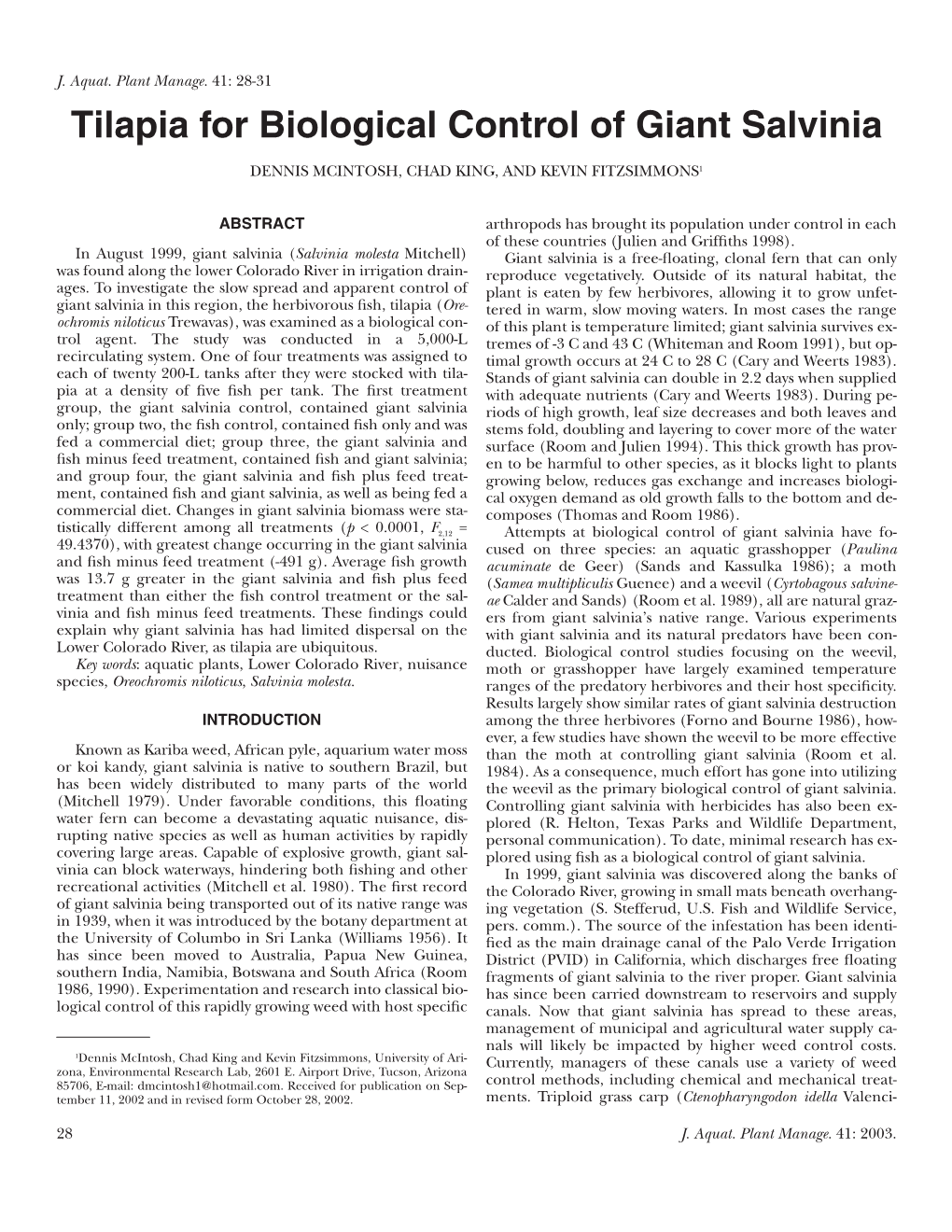 Tilapia for Biological Control of Giant Salvinia