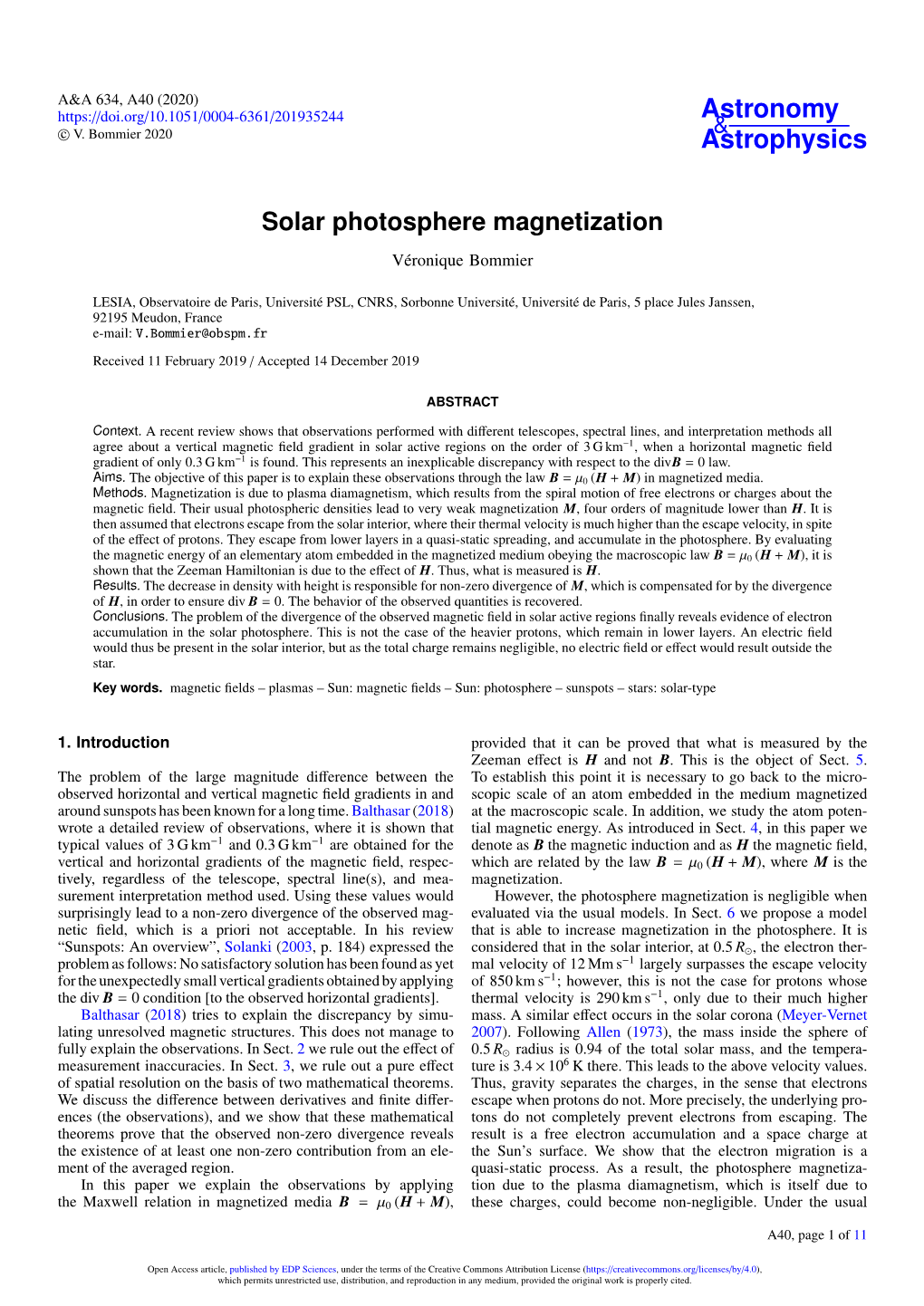 Solar Photosphere Magnetization Véronique Bommier