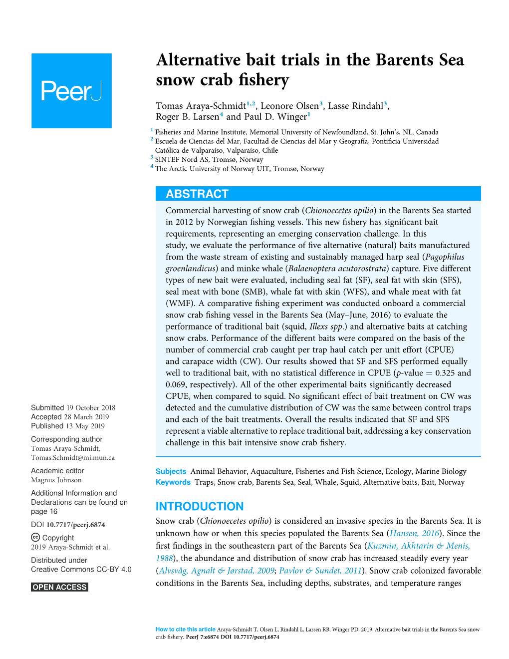 Alternative Bait Trials in the Barents Sea Snow Crab Fishery