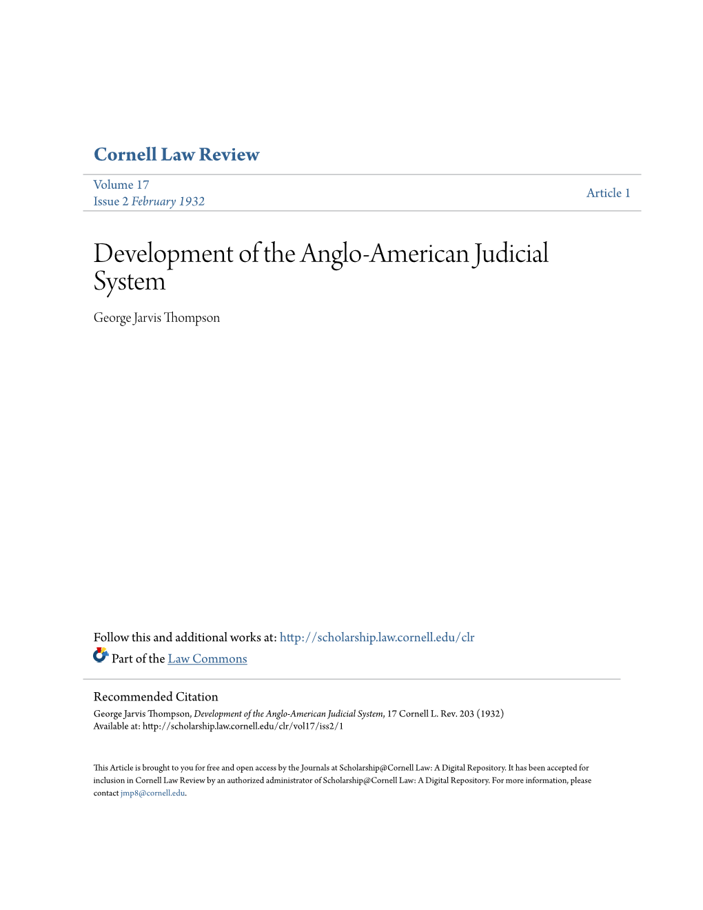 Development of the Anglo-American Judicial System George Jarvis Thompson