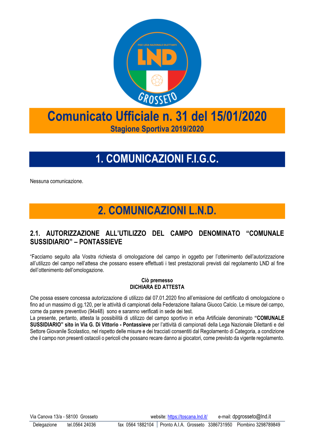 Comunicato Ufficiale N. 31 Del 15/01/2020 Stagione Sportiva 2019/2020