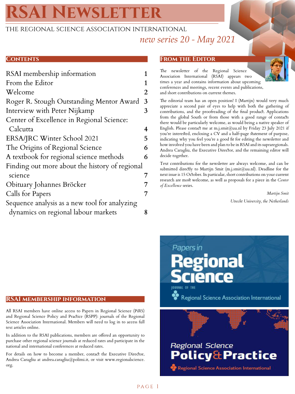RSAI Newsletter the Regional Science Association International New Series 20 - May 2021