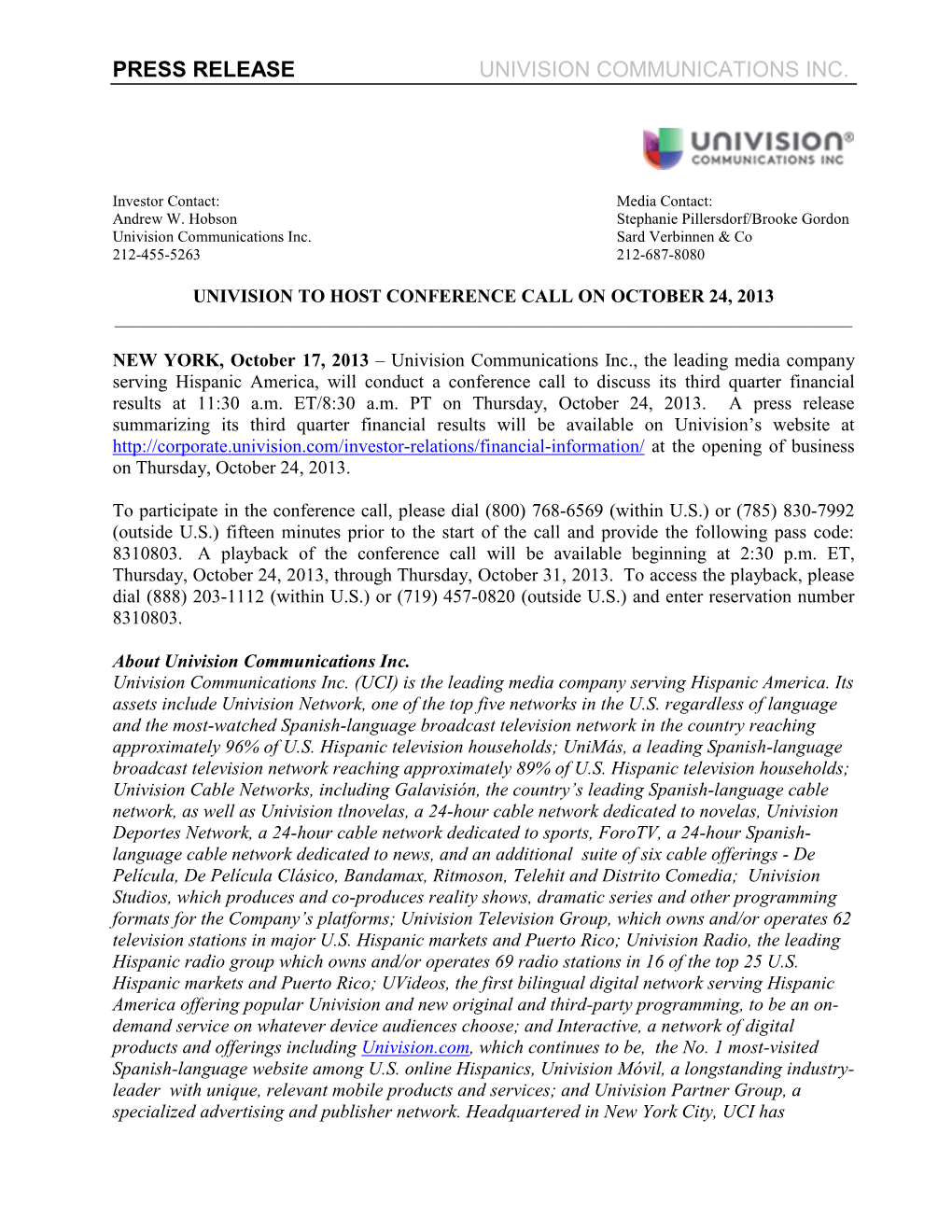 Press Release Univision Communications Inc