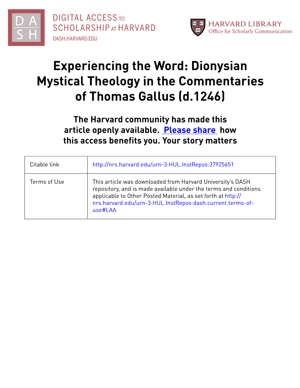 Dionysian Mystical Theology in the Commentaries of Thomas Gallus (D.1246)