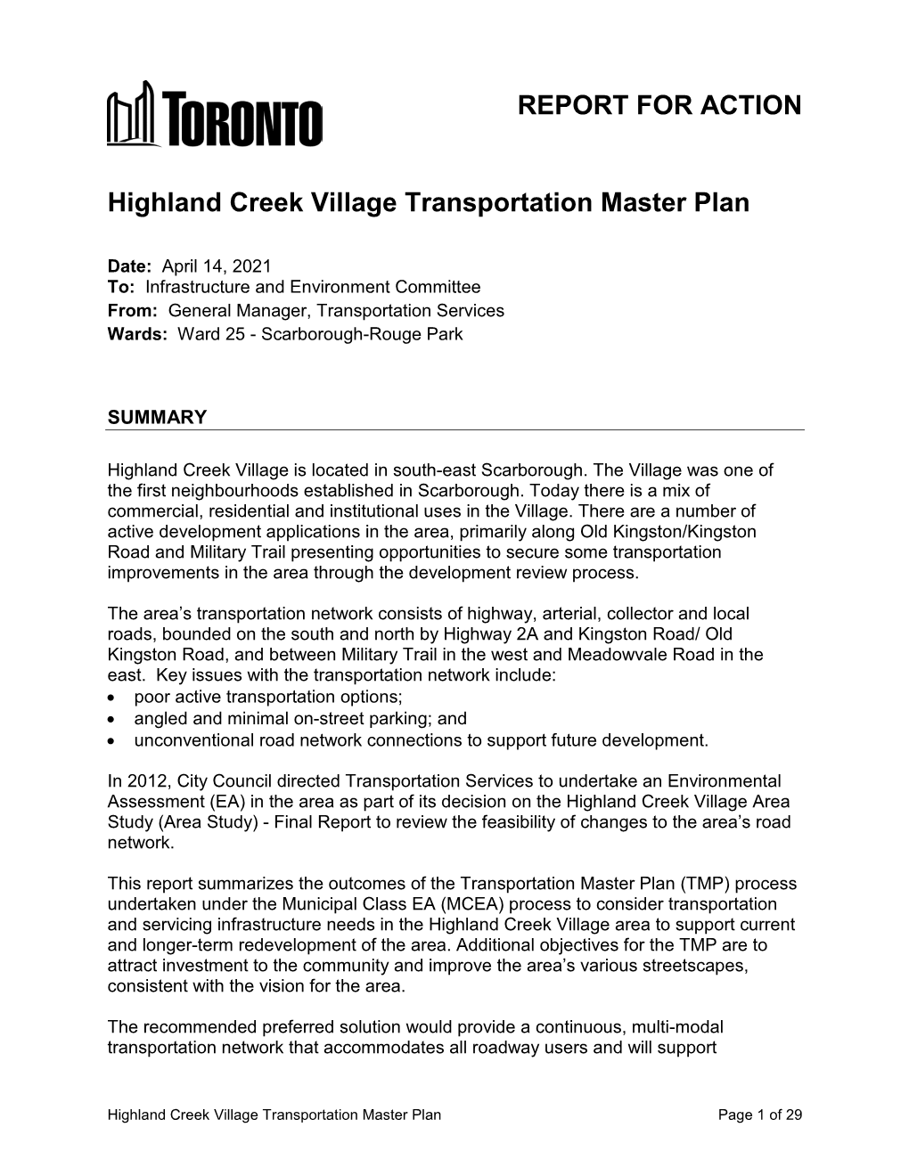 Highland Creek Village Transportation Master Plan