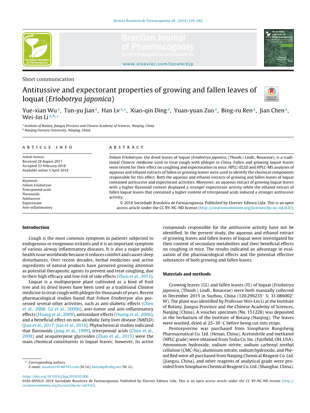 Antitussive and Expectorant Properties of Growing and Fallen Leaves of Loquat (Eriobotrya Japonica)