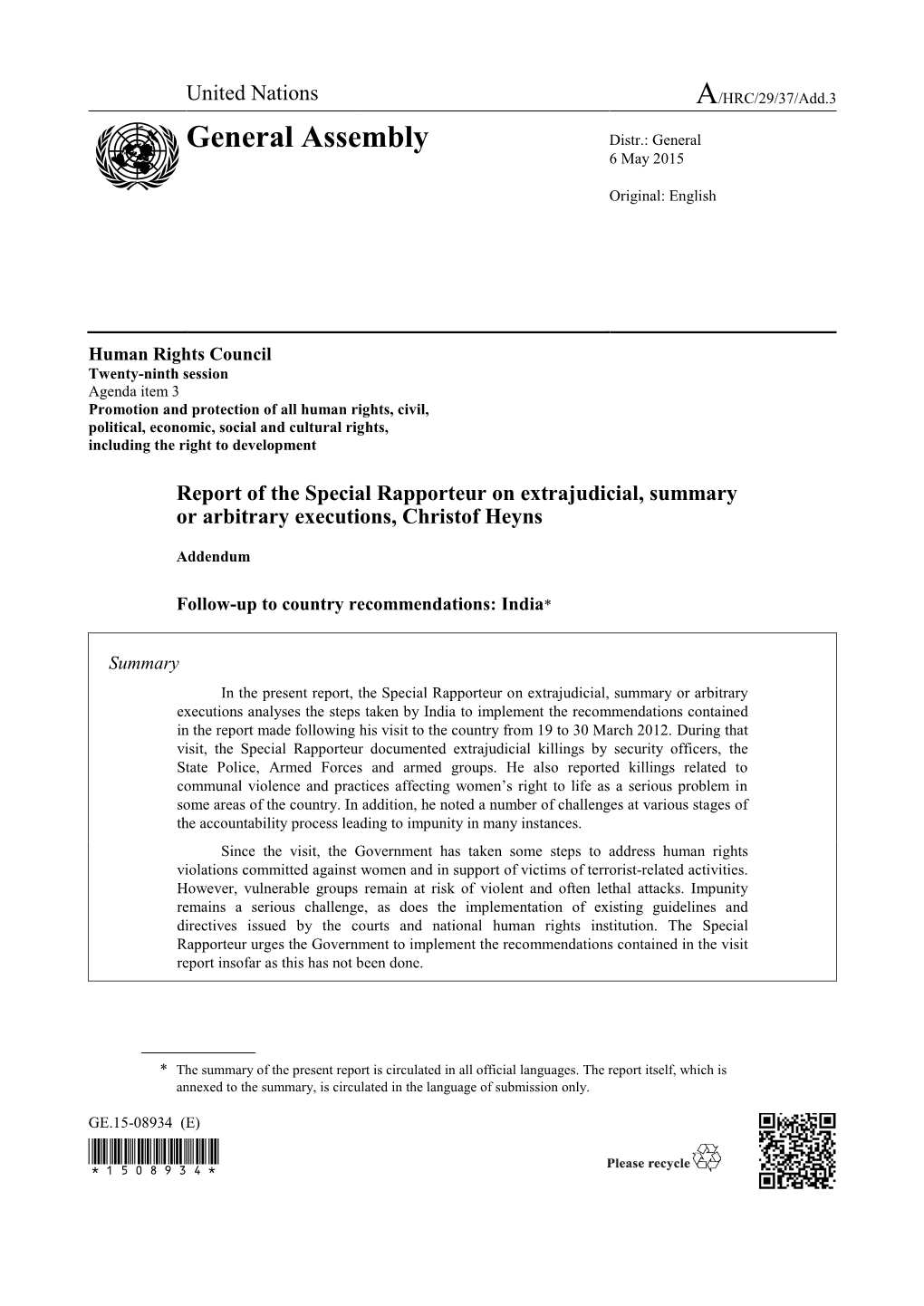 Report of the Special Rapporteur on Extrajudicial, Summary Or Arbitrary Executions, Christof Heyns