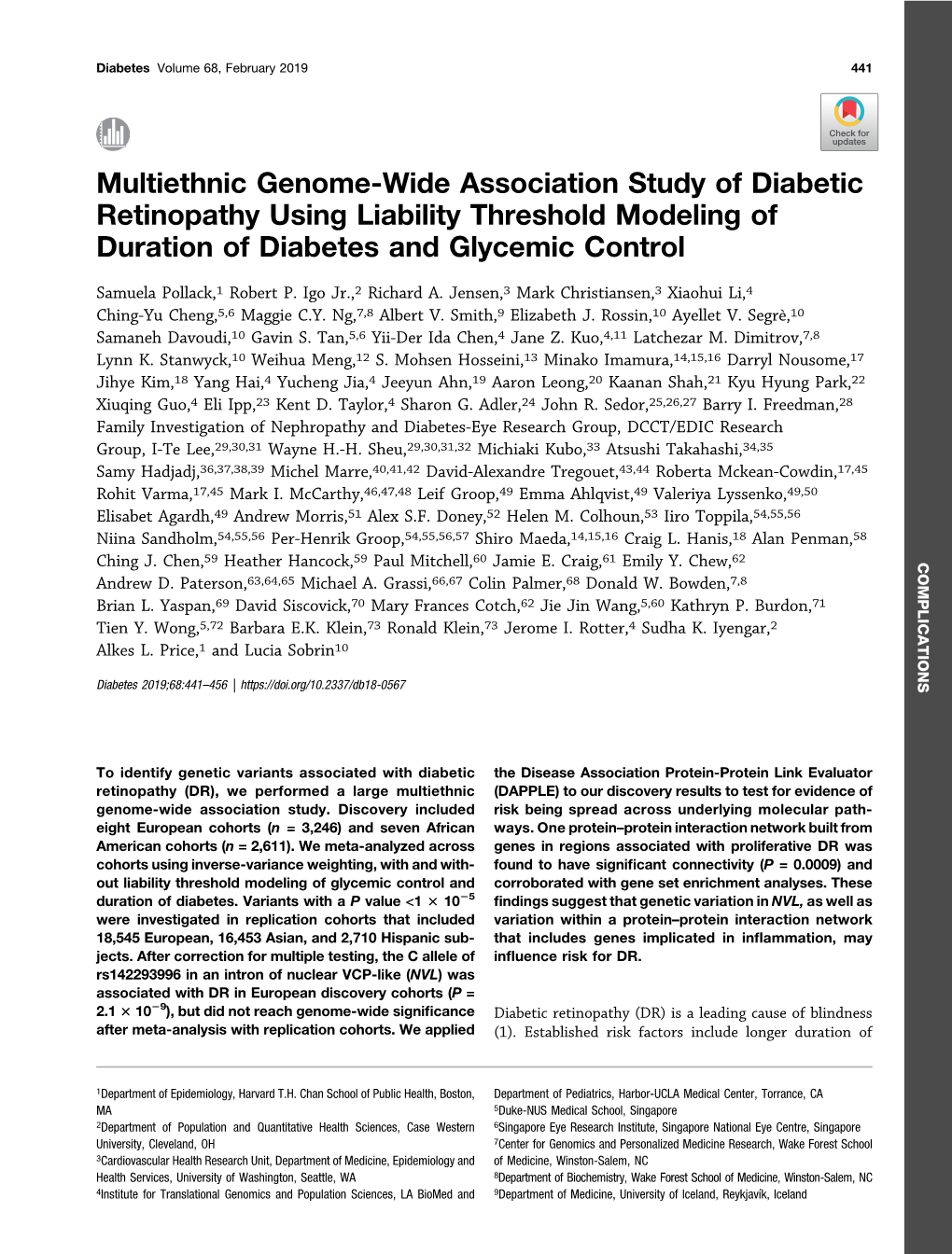 Multiethnic Genome-Wide Association Study of Diabetic Retinopathy Using Liability Threshold Modeling of Duration of Diabetes and Glycemic Control