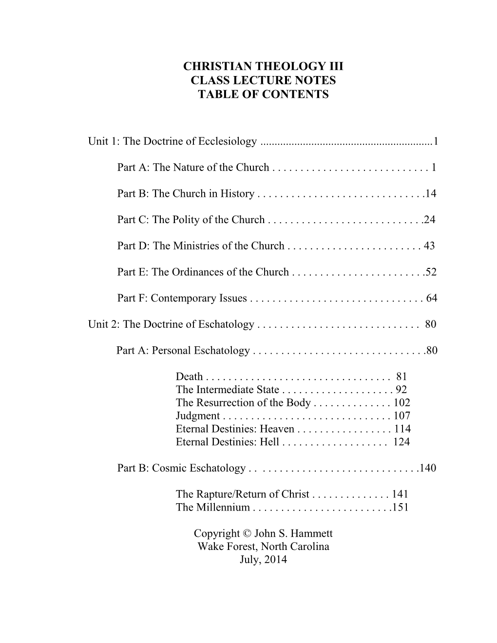 Christian Theology Iii Class Lecture Notes Table of Contents