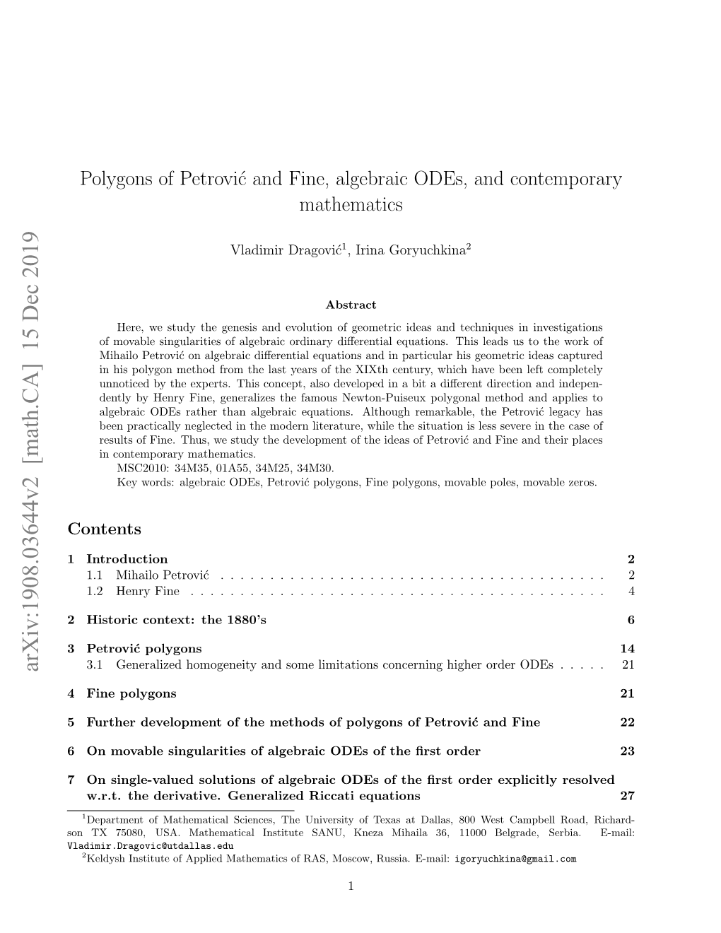 Polygons of Petrovic and Fine, Algebraic Odes, and Contemporary