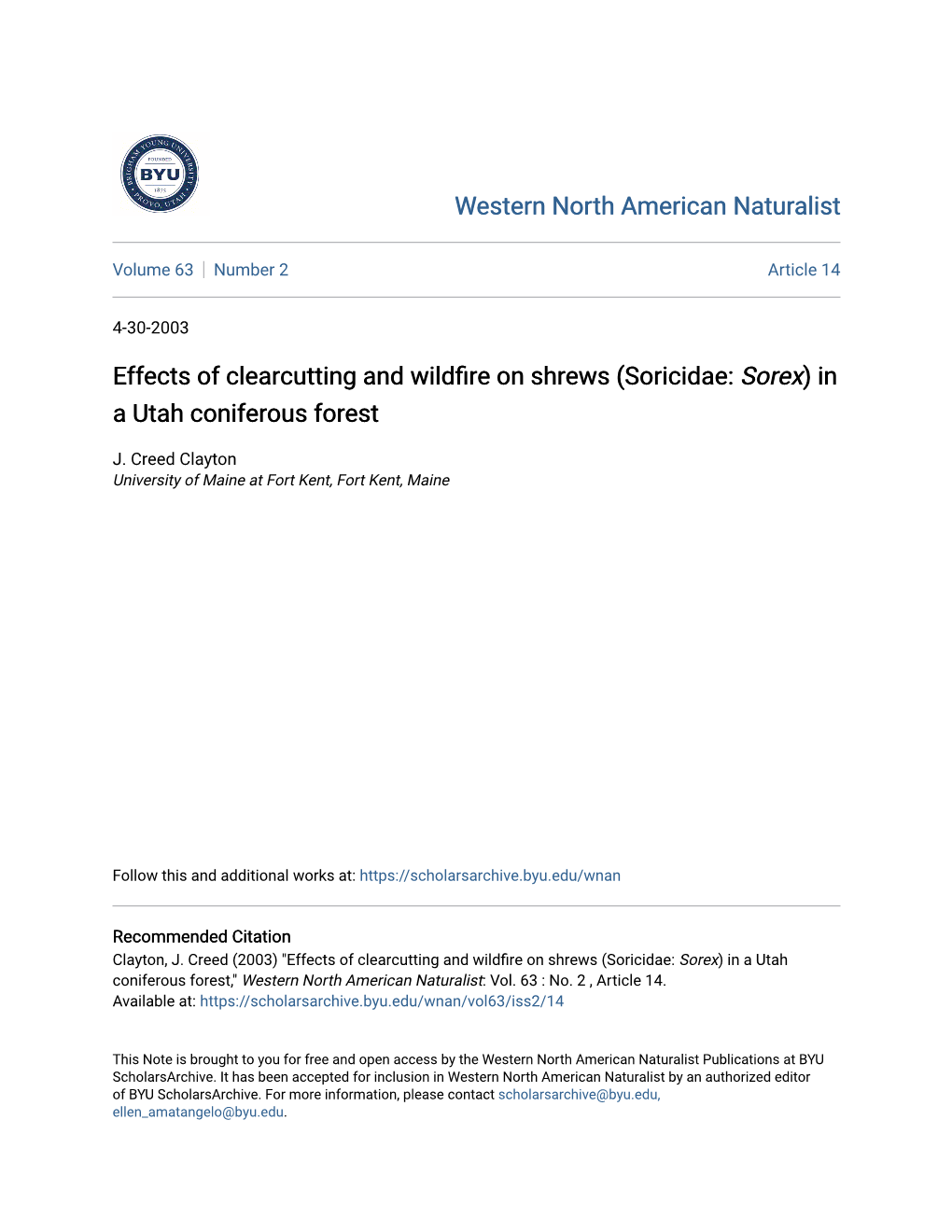 Effects of Clearcutting and Wildfire on Shrews (Soricidae: Sorex) in a Utah Coniferous Forest