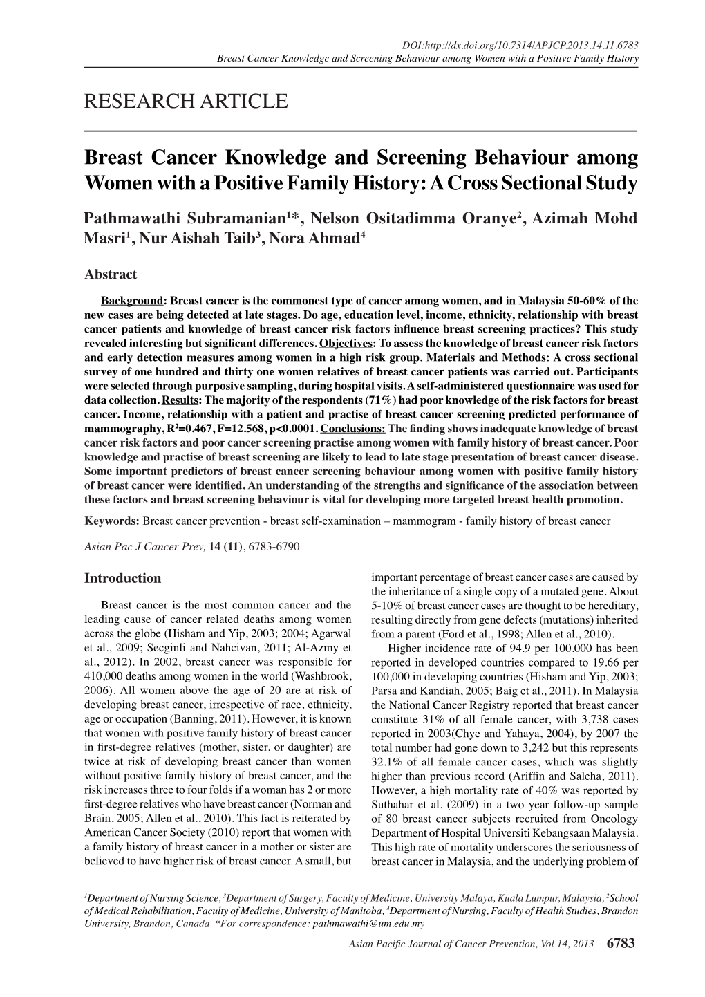 Breast Cancer Knowledge and Screening Behaviour Among Women with a Positive Family History