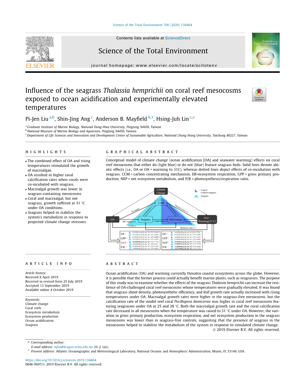 Influence of the Seagrass Thalassia Hemprichii on Coral Reef Mesocosms Exposed to Ocean Acidification and Experimentally Elevate