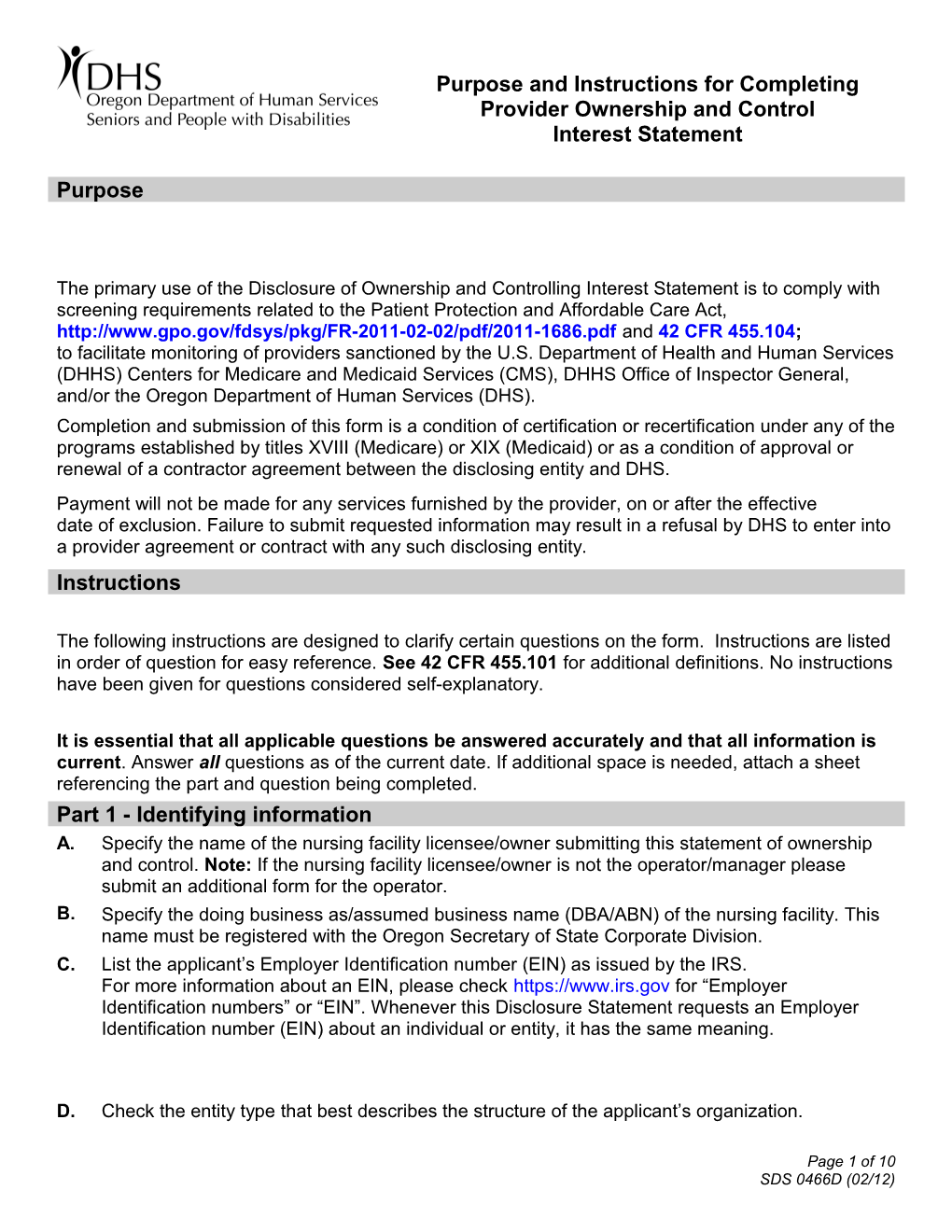 Purpose and Instructions for Completing Provider Ownership and Control Interest Statement