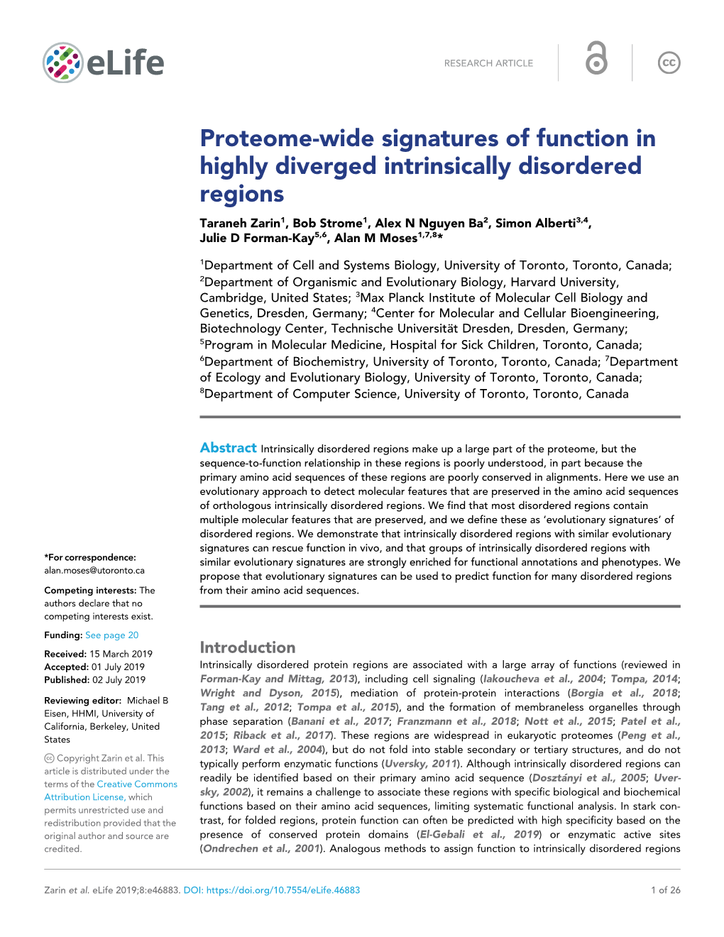 Proteome-Wide Signatures of Function in Highly Diverged Intrinsically