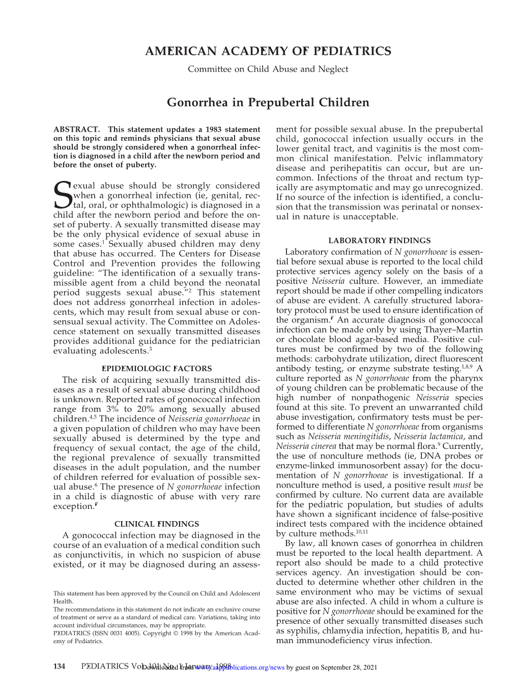 Gonorrhea in Prepubertal Children