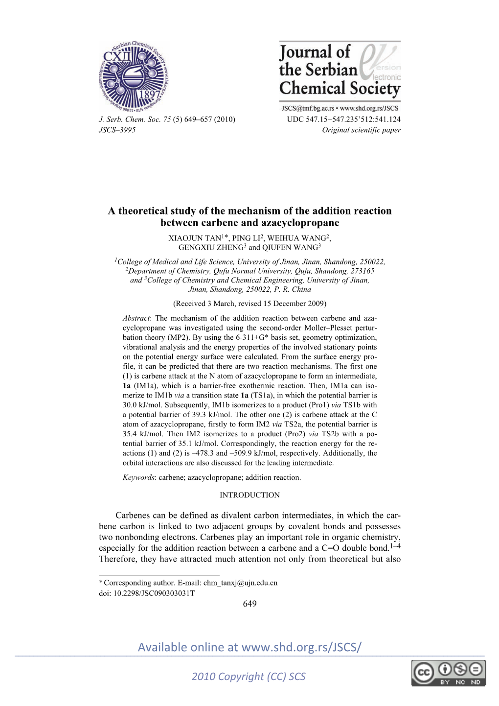 A Theoretical Study of the Mechanism of the Addition Reaction Between