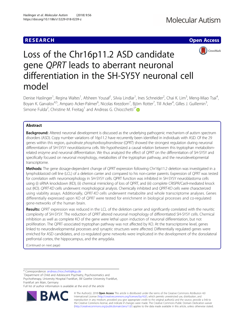 Loss of the Chr16p11.2 ASD Candidate Gene QPRT Leads To