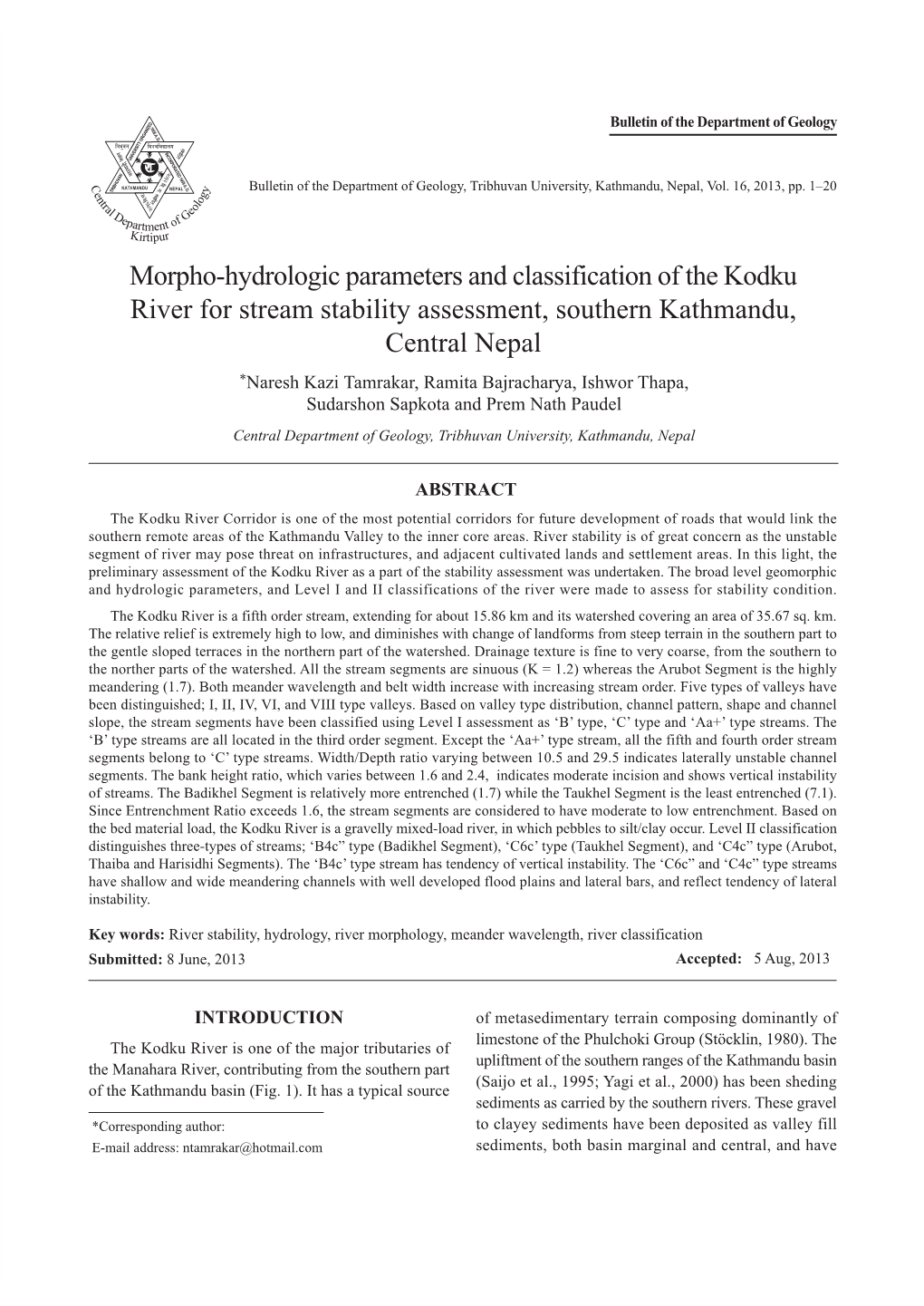 Morpho-Hydrologic Parameters and Classification of the Kodku River for Stream Stability Assessment, Southern Kathmandu, Central Nepal