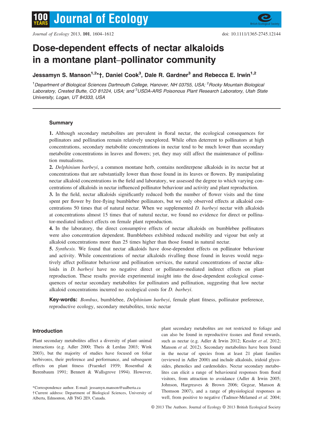 Dose-Dependent Effects of Nectar Alkaloids in a Montane Plant–Pollinator Community