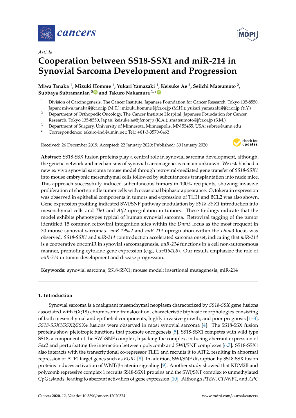 Cooperation Between SS18-SSX1 and Mir-214 in Synovial Sarcoma Development and Progression