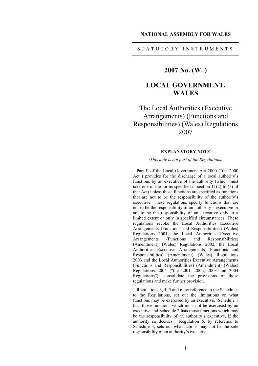 The Local Authorities (Executive Arrangements) (Functions and Responsibilities) (Wales) Regulations 2007