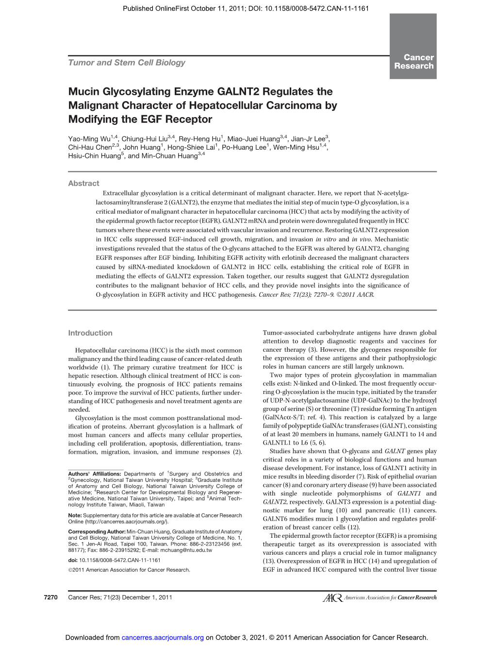 Mucin Glycosylating Enzyme GALNT2 Regulates the Malignant Character of Hepatocellular Carcinoma by Modifying the EGF Receptor