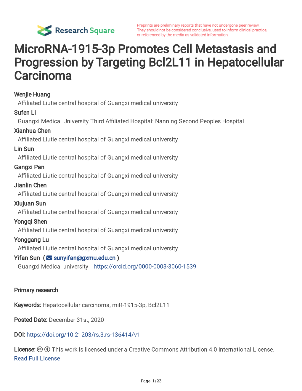 Microrna-1915-3P Promotes Cell Metastasis and Progression by Targeting Bcl2l11 in Hepatocellular Carcinoma