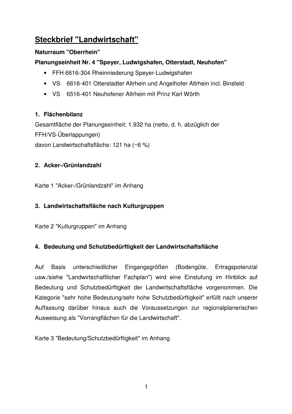 Steckbrief "Landwirtschaft" Naturraum "Oberrhein" Planungseinheit Nr