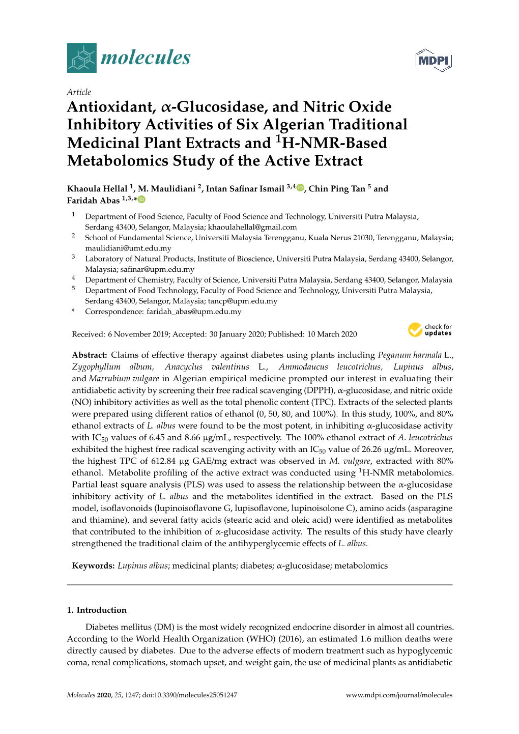 Antioxidant, Α-Glucosidase, and Nitric Oxide Inhibitory Activities of Six