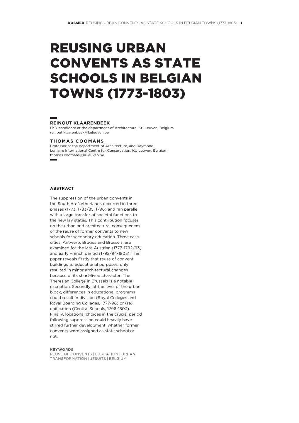 Reusing Urban Convents As State Schools in Belgian Towns (1773‑1803) 1