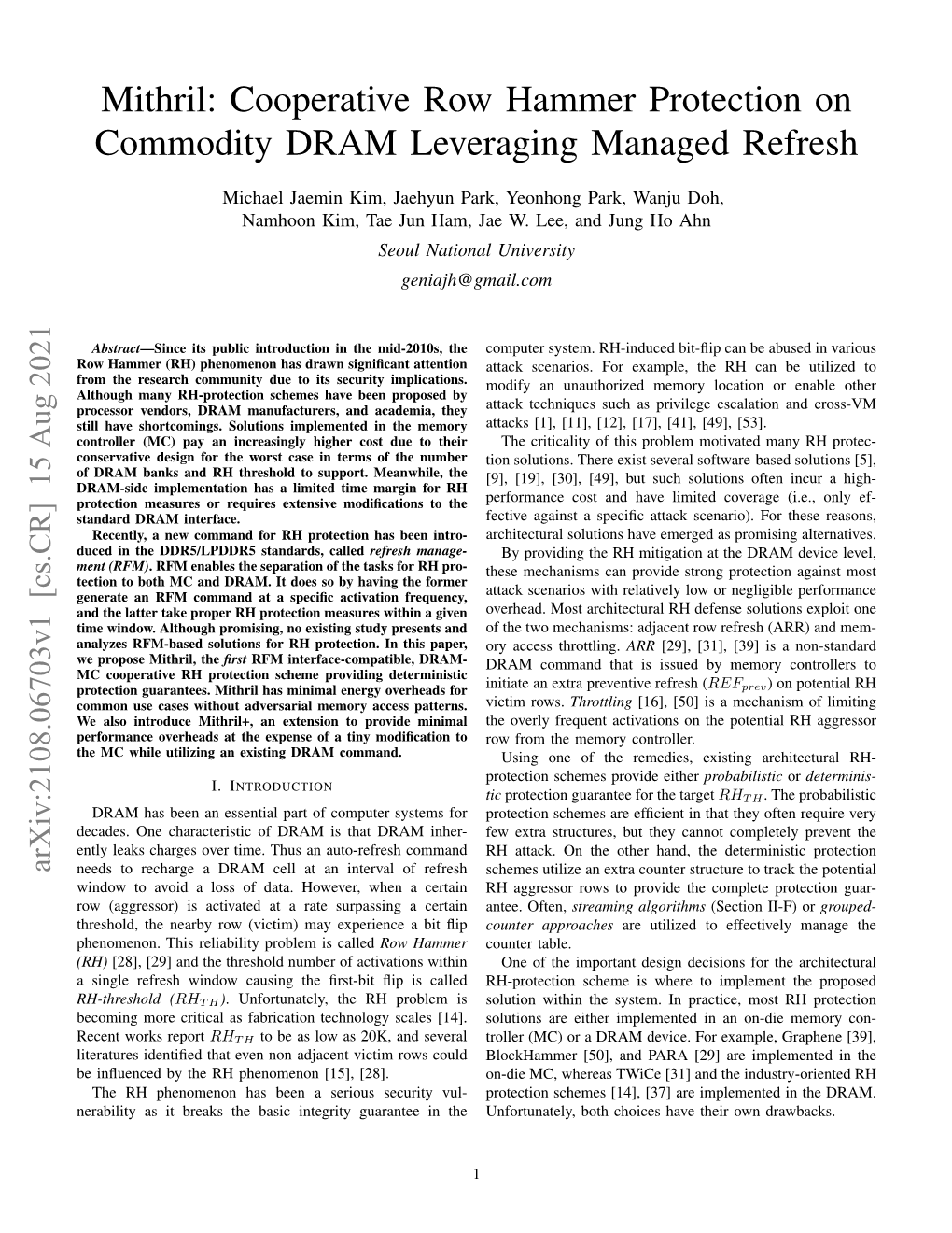 Mithril: Cooperative Row Hammer Protection on Commodity DRAM Leveraging Managed Refresh