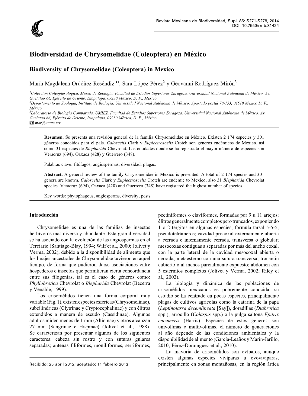 Biodiversidad De Chrysomelidae (Coleoptera) En México