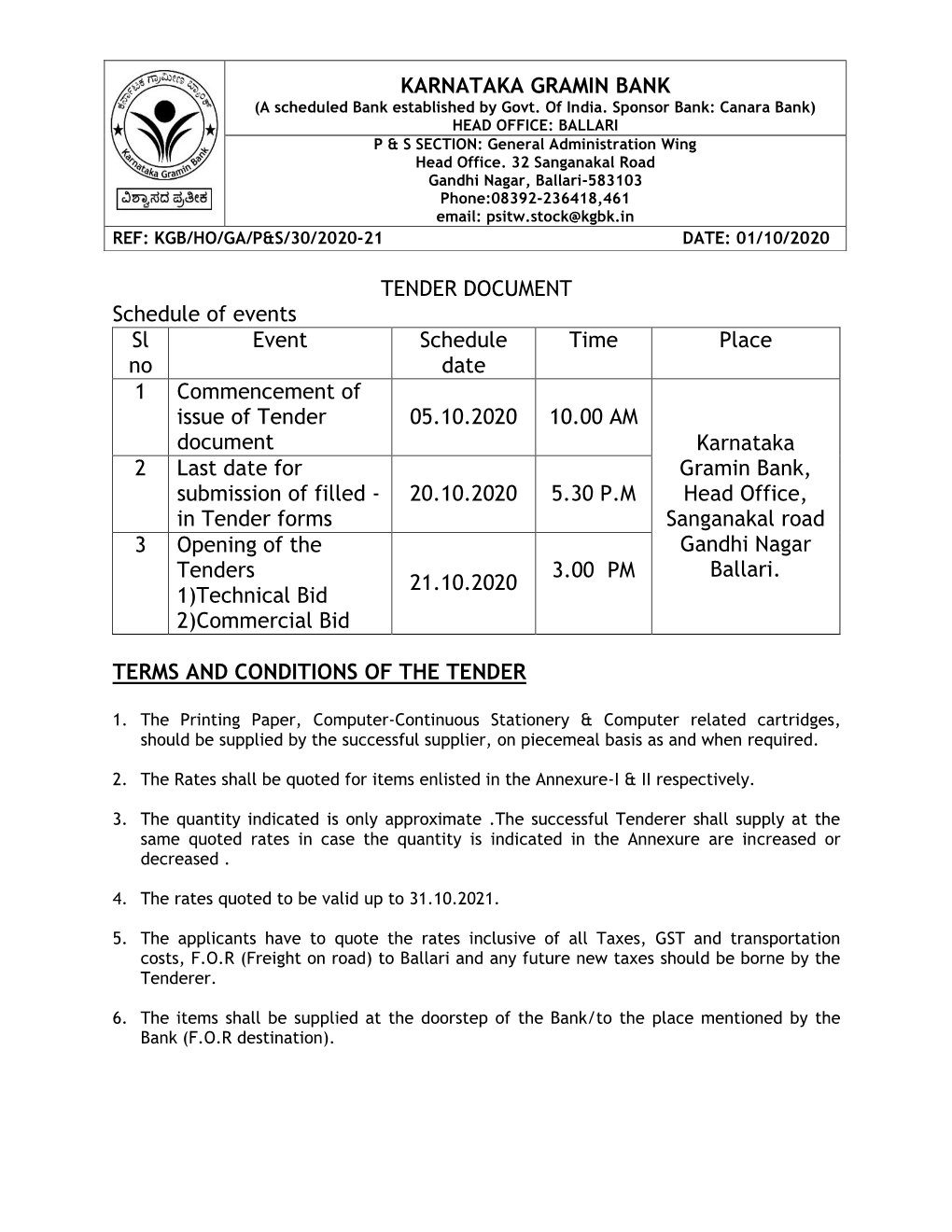 TENDER DOCUMENT Schedule of Events Sl No Event Schedule Date